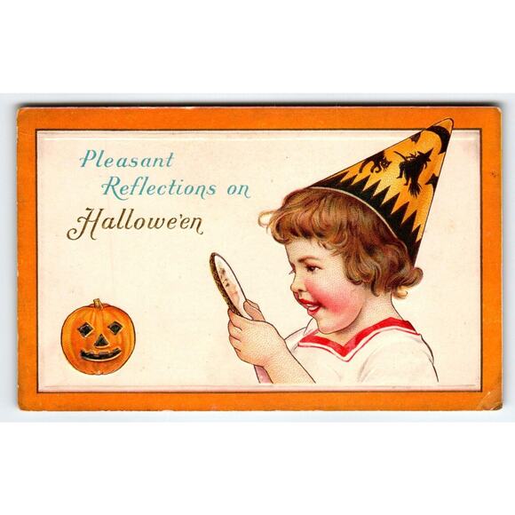Pleasant Reflections On Halloween Postcard Girl Holds Mirror Ser